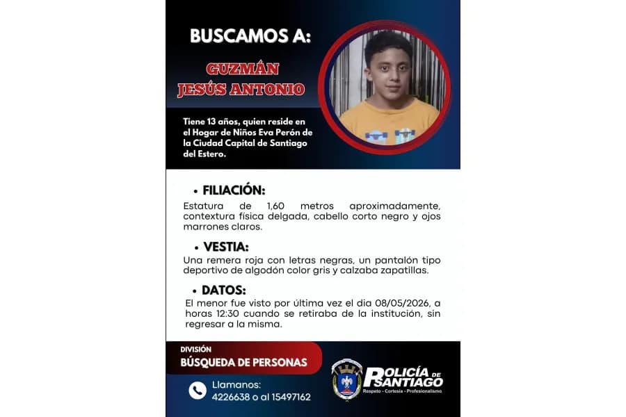 Buscan intensamente a un adolescente de 13 años que falta de su hogar en la ciudad Capital
