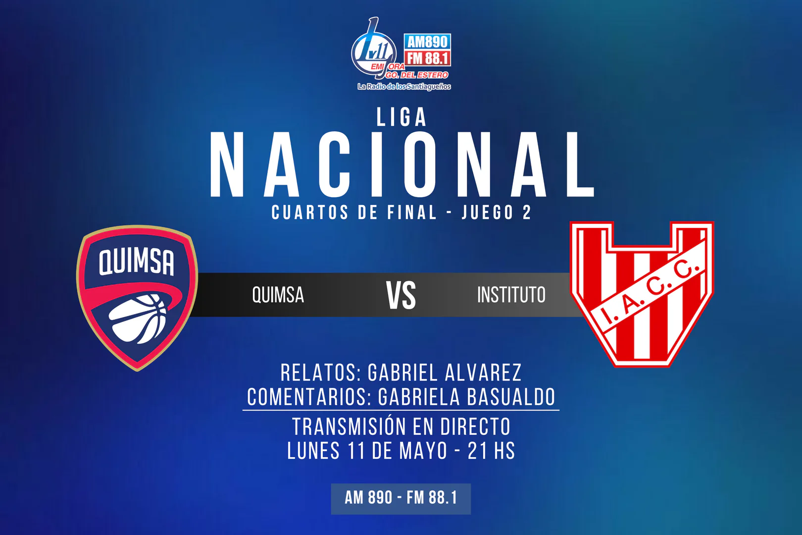 Quimsa busca ampliar la ventaja ante Instituto en un Estadio Ciudad que promete ser una caldera con transmisión de Radio LV11