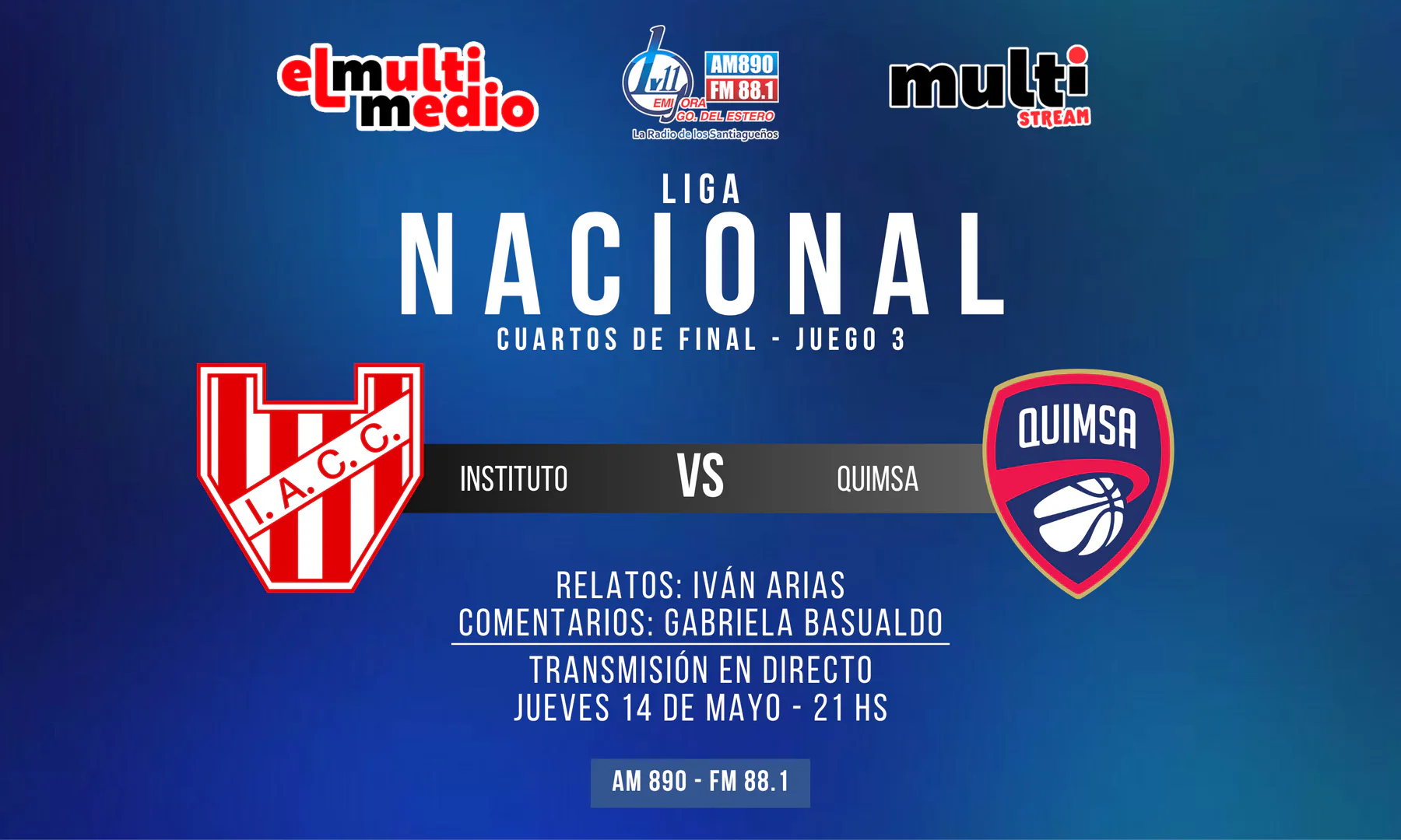 Quimsa visita a Instituto en Córdoba con el objetivo de recuperar la ventaja en los playoffs con transmisión de LV11