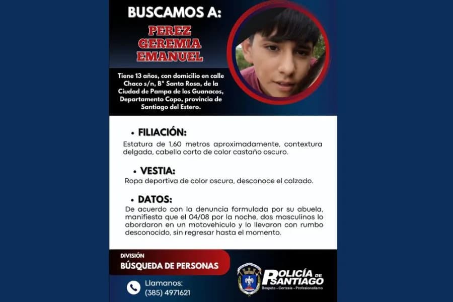 Desesperada búsqueda en Santiago del Estero: buscan a un menor de 13 años que habría sido raptado por dos hombres en moto