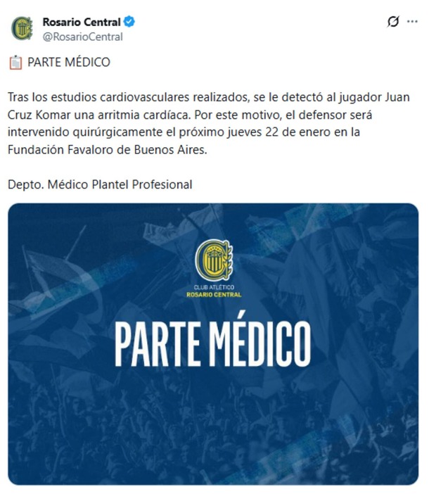 Komar deberá ser operado nuevamente por una arritmia cardíaca