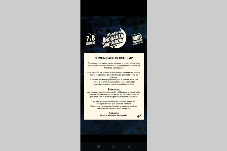 Se suspendió el Festival de Añoranza Santiagueña y será reprogramado para abril