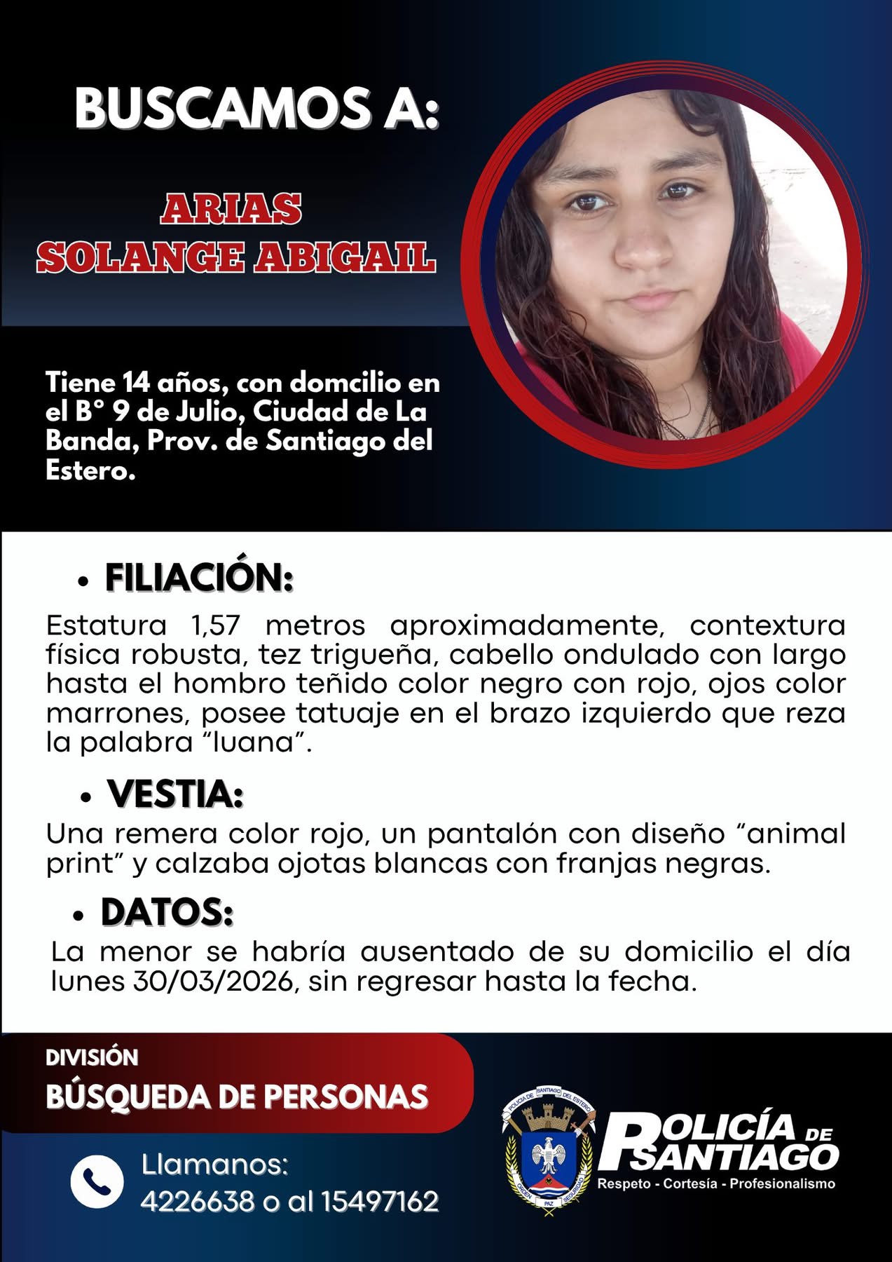Buscan a una adolescente de 14 años: piden colaboración de la comunidad