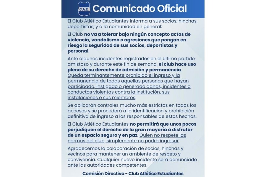 Tolerancia cero en Estudiantes: El club aplicará derecho de admisión ante hechos de violencia