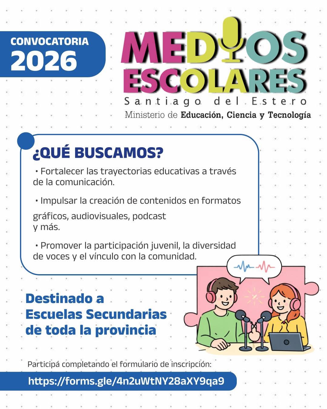 Convocan a escuelas secundarias a sumarse al Programa de Medios Escolares 2026
